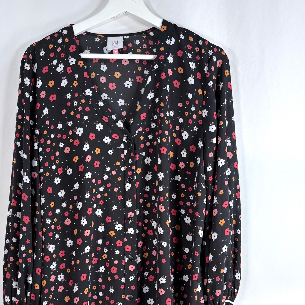 Cabi Cheerful Blouse Black Floral Mixed Media Striped Cuff V-Neck Women L